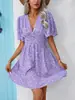 2026 Amazon Transfronterizo Europeo y Americano Ropa Femenina Verano Nuevo Estilo Cuello en V Manga Media Estampado Cintura Alta Floral Vestido Plisado