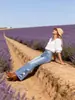 Jeans Boca de Sino Bordado Estilo Doce para Mulheres, Cintura Alta, Controle de Barriga, Levanta Bumbum, Tamanho Petite, Realça a Altura, Versátil para Todas as Estações, Calça Longa Bordada