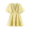 Comercio Exterior Transfronterizo 206 Vestido Floral de Verano Nuevo para Mujer Estilo Retro Francés con Cuello en V Profundo, Ceñido a la Cintura, Delgado, con Mangas Abullonadas