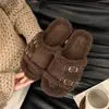 Chinelos peludos grossos com forro de fleece estilo coreano para mulheres, novos 2026 outono/inverno slip-on retrô preguiçosos Birkenstock de algodão
