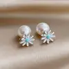 Brincos de Pérola Flor de Gotejamento de Óleo Estilo Fresco Agulha de Prata Dupla Face, Brincos de Luxo Leve de Alta Qualidade, Acessórios de Orelha Doces e Elegantes para Mulheres