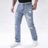 Jeans para Hombre de Pierna Recta No Elásticos Azul Claro con Estilo Desgastado y Deshilachado