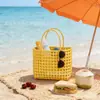 Cesta de Vegetais Tecida à Mão Estilo Coreano Vazada de Rattan Sintético Impermeável para Piquenique, Férias na Praia, Cesta de Banho, Bolsa