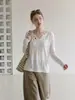 Camisa de lino y lyocell blanco LiLv, fina, con cuello en V, protección solar para mujer, top de manga larga fresco, holgado, adelgazante, para verano