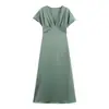 Amazon Aliexpress Exportação Transfronteiriça 2025 Vestido Midi Elegante de Manga Curta com Decote V e Textura de Cetim de Seda Slim