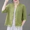 Blusa Casual Elegante e Fina Plus Size para Mães 2026, Nova Camisa de Verão com Decote V Emagrecedor e Mangas Médias