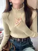 Camisa Base con Volantes Súper Bonita para Mujer, Otoño e Invierno, Estilo Chanel, Top de Punto Blanco, Cuello Alto Medio, Suéter Elegante
