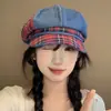 Boina de Cuadros con Empalme Estilo Coreano para Mujer, Verano, Retro, Transpirable, para Cabeza Grande, que Muestra la Cara, Sombrilla Pequeña, Boina de Pintor