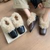 Atacado em Estoque ~ Sapatos Casuais Quadrados de Salto Grosso Peludos Moda Inverno Pelúcia Pequenos Sapatos de Couro Mocassins
