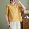 Camisa Casual Retro de Color Sólido de un Solo Botón para Mujer Verano Nuevo Diseño con Sentido Nicho para Viajar al Trabajo Literario Top de Manga Corta para Mujer