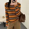 Suéter de punto holgado a rayas con bloques de color y cuello redondo estilo retro coreano para mujer, top elegante de otoño e invierno