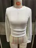 Camiseta de mujer Amazon transfronteriza europea y americana para otoño/invierno, corte slim, versátil, de manga larga, a cuadros, cuello redondo, con detalles fruncidos