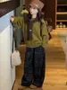 Nova coleção de outono para meninas: Conjunto de suéter tipo xale estilo coreano, calça xadrez larga e grossa, top de tricô com gola redonda