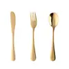 Venta al por mayor del fabricante Juego de tres piezas de cuchillo, tenedor y cuchara de acero inoxidable 304 con mango redondo, Juego de tenedor y cuchara lindo de estilo simple con revestimiento de titanio