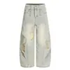 K5530 Jeans Masculino de Cintura Alta Estilo Retro Americano Streetwear Unissex com Design Desconstruído Rasgado Corte Solto Jeans Formato Cimitarra