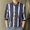 Camisa de Manga Corta de Seda de Hielo para Hombre Verano Delgada Juvenil Casual Top Rayado de Moda Camisa de Pulgada Camisa de Manga Tres Cuartos Media