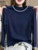 Camiseta de algodón puro de alta gama con diseño de dos piezas falsas de manga larga para mujer, nueva moda versátil 2026 en color azul marino, estilo otoñal moderno