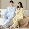 Ropa de Casa Pura de Algodón para Mujer, 100% Algodón, Se Puede Usar Afuera, Atuendo de Pareja, Cárdigan, Solapa, Pijama de Dibujos Animados, Conjunto de Dos Piezas
