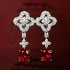 Brincos de flor estrelas rubi com microincrustação de diamantes de alto carbono, brincos longos de diamante de coroa vermelha, brincos de corindo vermelho