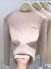 Tricô com Renda e Laço Redondo de Manga Longa para Mulheres, Nova Blusa de Base Slim Fit para Outono e Inverno