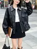 Chaqueta de cuero de estilo coreano, moderna, versátil, para otoño, nueva, con cuello de solapa corto, cordón para ceñir la cintura, para mujer, abrigo de cuero elegante y rejuvenecedor