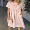 Amazon Europeo y Americano Comercio Exterior para Mujer Verano Jersey Étnico Algodón Color Sólido Talla Grande Vestido Midi Temperamento Vestido de Oficina