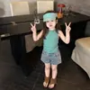 Conjunto de Verano para Niña: Conjunto de Dos Piezas para Niños Pequeños: Chaleco sin Mangas Color Verde Menta y Shorts de Mezclilla, Estilo Popular de Celebridad de Internet