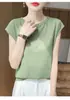 Camiseta Feminina de Verão Fina Respirável com Manga Morcego Pequena e Gola Redonda, Malha Suéter Versátil de Liocel Tencel