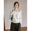 Top de malha estilo francês, suave, de um ombro só, com contas e amarração frontal para mulheres, perfeito para o início do outono, com um caimento sofisticado e que afina a silhueta, e um design de ombro à mostra