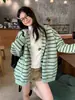 Casaco Cardigan de Tricô Listrado Verde para Mulheres, Tricô de Outono, Cardigan com Capuz Casual Solto Estilo Retrô