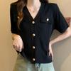 Cardigan de Tricô Estilo Chanel Novo Estilo Verão 2024 Fino Refrescante Estilo Feminino Elástico Simples Gola V Manga Curta Top