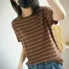 Camiseta de algodón puro a rayas con cuello redondo y dobladillo enrollado de manga corta, estilo coreano versátil, nuevo top casual holgado de verano 2026 para mujer