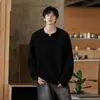 Camiseta Casual com Textura e Gola V de Manga Longa para Homens, Estilo Primavera e Outono, Camada Base Moletom, Marca Americana Tendência, Corte Solto