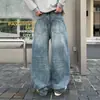 Jeans de alta qualidade com lavagem desgastada e rasgos para homens, nova marca da moda de outono, estiloso e descolado, calça de corte solto e comprimento até o chão