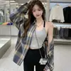 Camisa Xadrez de Manga Longa com Proteção Solar Estilo Retro Novo Americano, Camisa Casual Solta Preguiçosa, Top para Casal, Roupa Externa