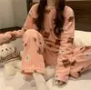 Pijama de Franela para Mujer, Estilo Otoño e Invierno, Forro Polar, Engrosado, Ropa de Casa Cálida, Adecuado para Usar Afuera, Conjunto de Manga Larga y Pantalón Largo Talla Grande para Mujer