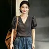 Blusa Gris con Mangas Abullonadas Estilo Francés Moda Femenina Chic Súper Bonita Estilo para Ir al Trabajo Cuello en V Talla Grande Adelgazante Temperamento Ropa de Mujer