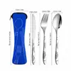 Set de cubiertos de acero inoxidable de tres piezas para Amazon, que incluye cuchillo para bistec, tenedor y cuchara, en una bolsa de tela creativa, adecuado para estudiantes y uso al aire libre