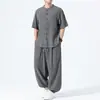 Verano 2026 Delgado Estilo Chino Hombres Retro Traje Tang Chino Talla Grande Holgado Seda de Hielo Manga Corta Camisa Conjunto de Hombre