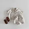 Conjunto de Camisa Jeans de Manga Curta com Bolso e Shorts para Bebês Meninos e Meninas Estilo Coreano, Moda Verão Tendência Novo