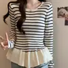 Suéter de Rayas Irregulares con Volantes para Mujer Otoño e Invierno Nuevo Talla Grande Grueso Interior Suéter Francés para Mujer