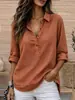 Camisa feminina de algodão e linho, solta e confortável, manga curta com gola de lapela, cor sólida, abotoada, nova para o outono, transfronteiriça europeia e americana da Amazon