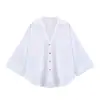 Moda Femenina Nueva Primavera/Verano 2025 Estilo Europeo y Americano Casual Versátil Camisa de Rayas con Cuello Campana y Mangas Anchas para Mujer en Algodón y Lino