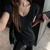 Camiseta Básica Casual Soltinha de Manga Curta com Decote V para Mulheres, Cor Sólida para Primavera e Verão, Caimento Relaxado, Top Base que Cobre os Ombros