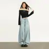 Jeans Retro Americanos Azules Claros de Pierna Ancha para Mujer, que Cubren la Cadera, Realzan la Altura, Adelgazantes, Estilo Perezoso, de Largo hasta el Suelo, Pantalones de Pierna Curva para Mujer