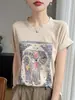 Camiseta de punto fino de Tencel estampada con cuello redondo y manga corta para mujer, 26 nuevos estilos primavera-verano, top versátil corto y fino