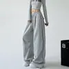 Calça de moletom feminina cinza estilo americano, novo modelo primavera e outono 2025, cintura alta, perna reta, modelagem solta, calça cargo casual de perna larga