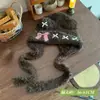 Gorro de tricô para outono e inverno, estilo gato, com abas para as orelhas, forro de pelúcia, espessado para aquecimento, design fofo de desenho animado, faz o rosto parecer menor