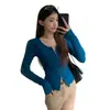 Camiseta de manga longa com zíper duplo e estampa de letras estilo coreano para mulheres, outono, slim fit, valoriza a silhueta, top cardigã curto 26282