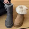 Primer Encuentro Ji Botas de Nieve con Suela Gruesa y Hebilla para Mujer 2026 Invierno Gris Más Terciopelo Cálido de Media Pantorrilla Botas de Algodón Cortas de Algodón